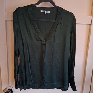 Lola River Forest Green Cupro Blouse | V-Neck | Button Cuff | Size S